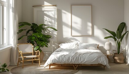 Aufkleber - white frame mockup in a light, clean bedroom interior, minimalist style