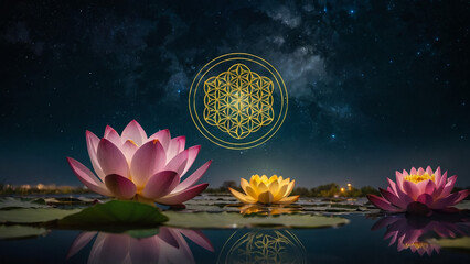 Wall Mural - Loy Krathong festival with colorful candles light and full moon in Thailand background. Floating ritual banana leaves vessel lamp and lotus flower into the
