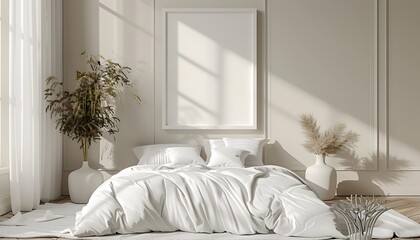 Aufkleber - white frame mockup in a light, clean bedroom interior, minimalist style