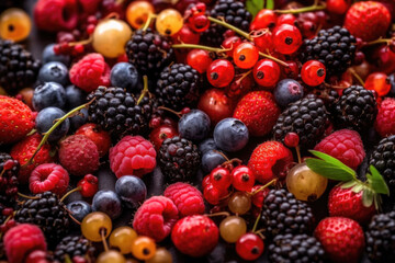 Berries, raspberries, and other assorted berries are neatly arranged together