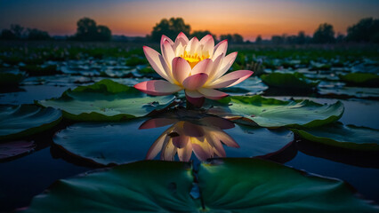 Wall Mural - Loy Krathong festival with colorful candles light and full moon in Thailand background. Floating ritual banana leaves vessel lamp and lotus flower into the
