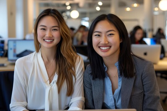 Two beautiful Japanese and Chinese women, smiling  in front of their laptops. They both looking happy and focused on good vibe working period In modern bright corporate Office background.