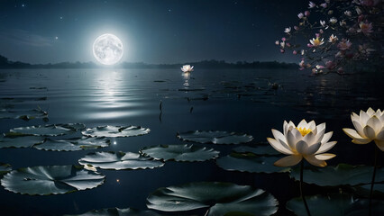 Wall Mural - Loy Krathong festival with colorful candles light and full moon in Thailand background. Floating ritual banana leaves vessel lamp and lotus flower into the
