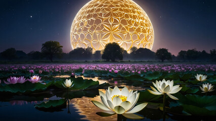 Wall Mural - Loy Krathong festival with colorful candles light and full moon in Thailand background. Floating ritual banana leaves vessel lamp and lotus flower into the
