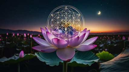 Wall Mural - Loy Krathong festival with colorful candles light and full moon in Thailand background. Floating ritual banana leaves vessel lamp and lotus flower into the
