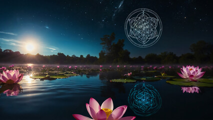 Wall Mural - Loy Krathong festival with colorful candles light and full moon in Thailand background. Floating ritual banana leaves vessel lamp and lotus flower into the
