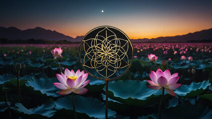 Wall Mural - Loy Krathong festival with colorful candles light and full moon in Thailand background. Floating ritual banana leaves vessel lamp and lotus flower into the
