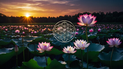 Wall Mural - Loy Krathong festival with colorful candles light and full moon in Thailand background. Floating ritual banana leaves vessel lamp and lotus flower into the
