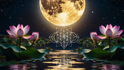 Wall Mural - Loy Krathong festival with colorful candles light and full moon in Thailand background. Floating ritual banana leaves vessel lamp and lotus flower into the
