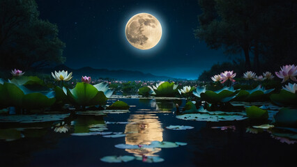 Wall Mural - Loy Krathong festival with colorful candles light and full moon in Thailand background. Floating ritual banana leaves vessel lamp and lotus flower into the
