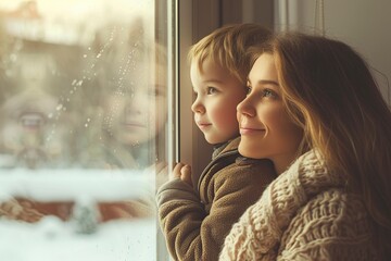 a happy mother and son looking out the window at home in the morning