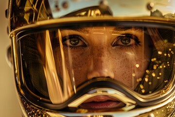 woman wearing a shiny gold protective helmet