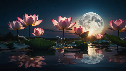 Wall Mural - Loy Krathong festival with colorful candles light and full moon in Thailand background. Floating ritual banana leaves vessel lamp and lotus flower into the
