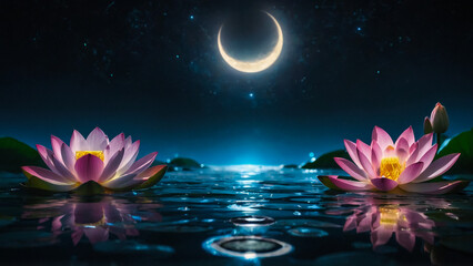 Wall Mural - Loy Krathong festival with colorful candles light and full moon in Thailand background. Floating ritual banana leaves vessel lamp and lotus flower into the
