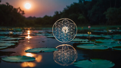 Wall Mural - Loy Krathong festival with colorful candles light and full moon in Thailand background. Floating ritual banana leaves vessel lamp and lotus flower into the
