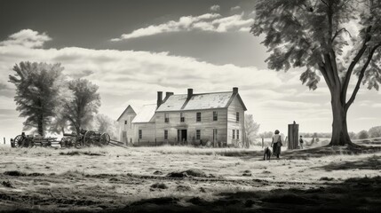 Wall Mural - 18th Century Farmstead in Black and White farmers tend to crops and rustic farmhouse