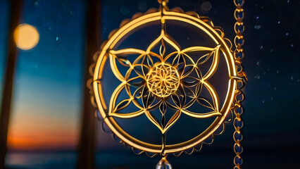 Wall Mural - Loy Krathong festival with colorful candles light and full moon in Thailand background. Floating ritual banana leaves vessel lamp and lotus flower into the
