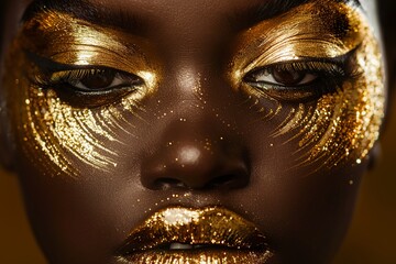 african American model with gold makeup and gold accessories