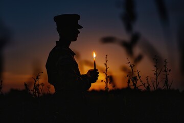 Silhouette of a soldier with a candle in the field at sunset