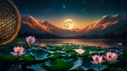 Wall Mural - Loy Krathong festival with colorful candles light and full moon in Thailand background. Floating ritual banana leaves vessel lamp and lotus flower into the
