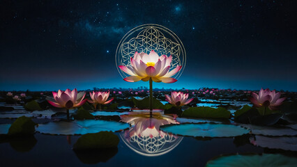 Wall Mural - Loy Krathong festival with colorful candles light and full moon in Thailand background. Floating ritual banana leaves vessel lamp and lotus flower into the
