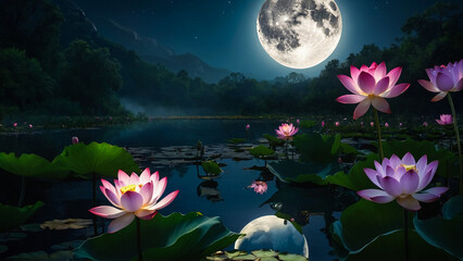 Wall Mural - Loy Krathong festival with colorful candles light and full moon in Thailand background. Floating ritual banana leaves vessel lamp and lotus flower into the
