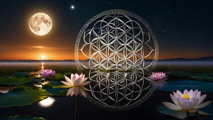 Wall Mural - Loy Krathong festival with colorful candles light and full moon in Thailand background. Floating ritual banana leaves vessel lamp and lotus flower into the
