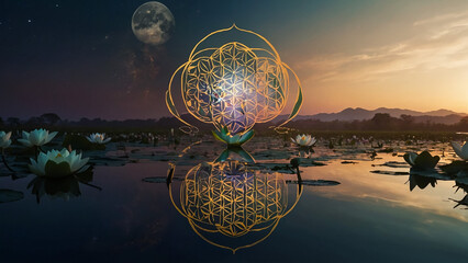 Wall Mural - Loy Krathong festival with colorful candles light and full moon in Thailand background. Floating ritual banana leaves vessel lamp and lotus flower into the
