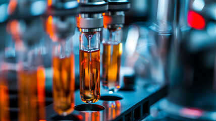 Wall Mural - scientific laboratory equipment. test tubes filled with orange liquid in a modern lab setting with a