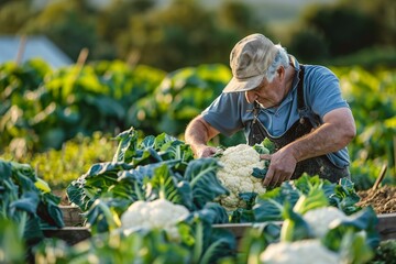 farmer cutting cauliflower in an organic vegetable field