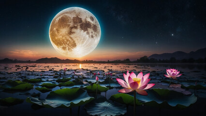 loy krathong festival with colorful candles light and full moon in thailand background. floating rit