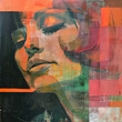 Colorful abstract painting featuring a contemplative female profile, 70's style
