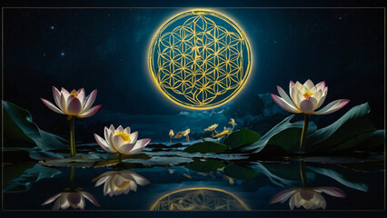 Wall Mural - Loy Krathong festival with colorful candles light and full moon in Thailand background. Floating ritual banana leaves vessel lamp and lotus flower into the
