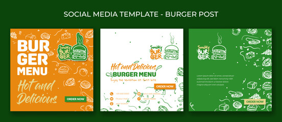 Wall Mural - Set of social media template design with smoky burger design and hand drawn of burger ingredients