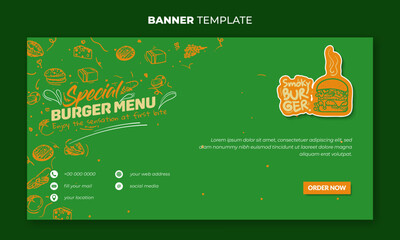 Canvas Print - Green banner template with orange hand drawn of burger ingredients for burger advertisement design