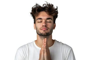 Wall Mural - Serious man with closed eyes showing praying gesture on isolated transparent background