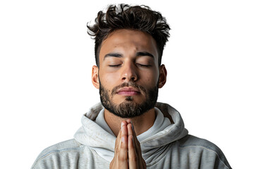 Wall Mural - Serious man with closed eyes showing praying gesture on isolated transparent background