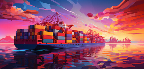 Wall Mural - As the twilight bathes the sea in purple hues, container ships gracefully navigate the horizon, creating a captivating scene of maritime beauty. Generative AI.