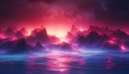 Wall Mural - a colorful, glowing landscape with mountains and a blue sky by ai generated image