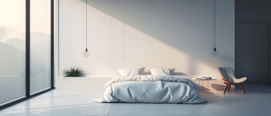 Wall Mural - Modern, contemporary bedroom interior mockup with furniture, lamp, decor. Sunlight shadow effect. Luxury apartment for sleeping, rest. Generative ai