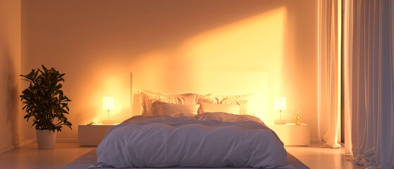 Wall Mural - Modern, contemporary bedroom interior mockup with furniture, lamp, decor. Warm light, shadow effect. Luxury apartment for sleeping, rest. Generative ai