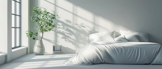 Wall Mural - Modern, contemporary bedroom interior mockup with furniture, lamp, decor. Sunlight shadow effect. Luxury apartment for sleeping, rest. Generative ai