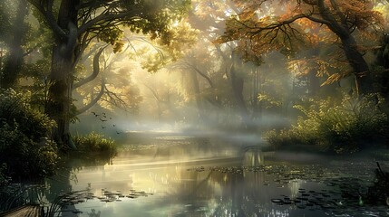 Wall Mural - Hidden deep within a mist-shrouded forest, a tranquil pond lies nestled among ancient trees. The air is alive with the symphony of birdsong and rustling leaves, 