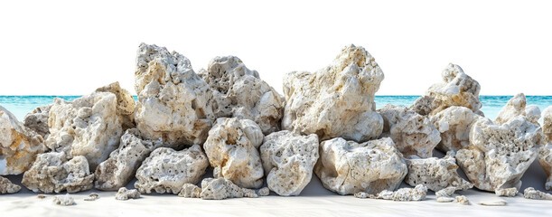 Wall Mural - White limestone rocks on sandy beach with turquoise sea isolated on transparent background png