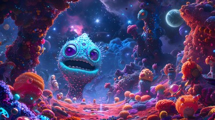 A colorful, surreal scene of a small alien with a big smile on its face