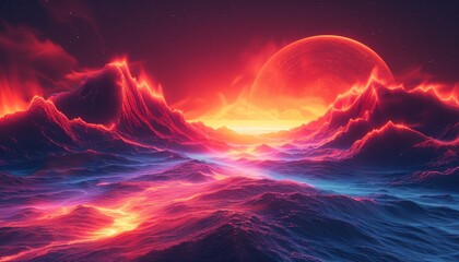 Wall Mural - a colorful, glowing landscape with mountains and a blue sky by ai generated image