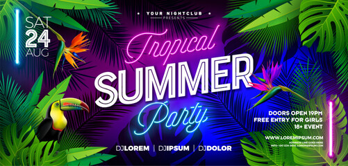 Wall Mural - Summer Party Banner Design Template with Glowing Neon Light on Fluorescent Tropic Leaves Background. Vector Summer Celebration Holiday Illustration for Banner, Flyer, Invitation or Celebration Poster.