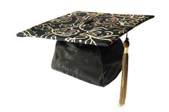 A black and gold graduation cap with a gold tassel
