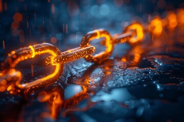 Poster - Depicting a chain in the rain with reflective water droplets and orange glowing sparks for concepts of strength and connectivity