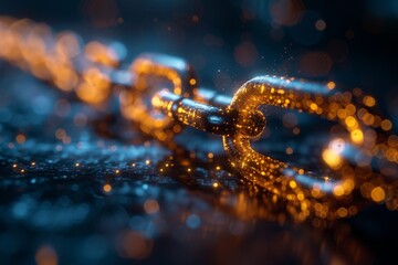 Poster - This stunning image shows luminous chain links on a wet surface, emphasizing the ideas of connection and security in technology
